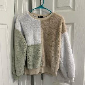 multicolored fluffy crewneck sweater